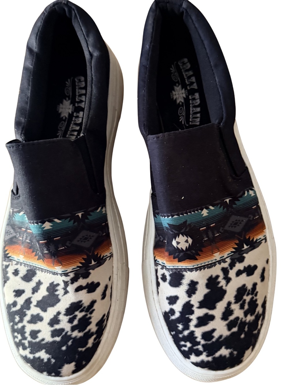 Crazy Train Black White Cow Print & Aztec Slip-On Espadrilles Size 9